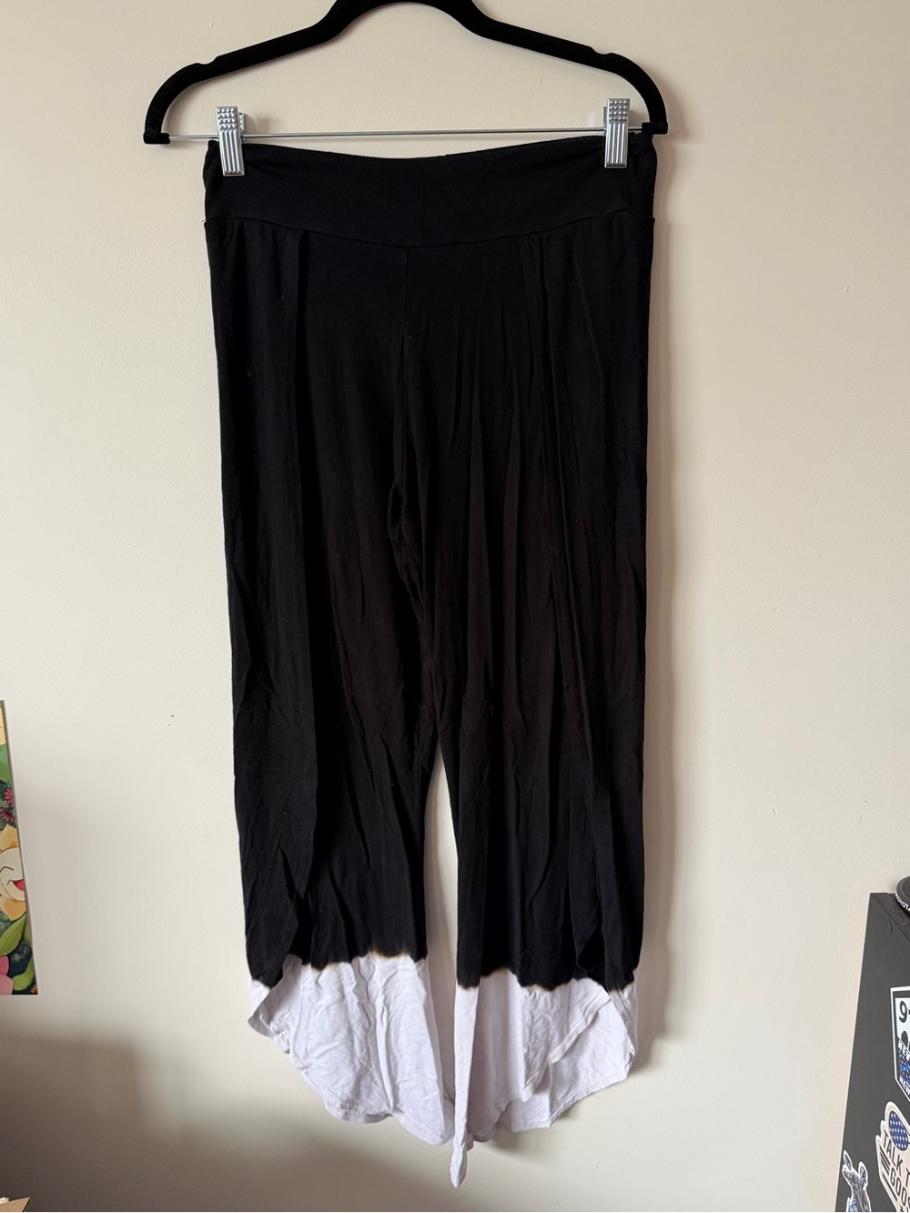 Women’s Black Boho Flowy Capris with White Hem and Side Slits
